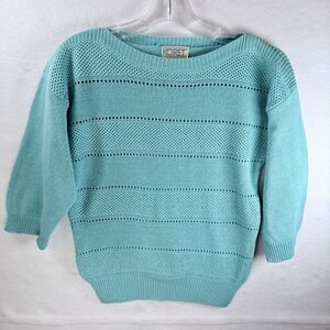 VTG Koret Boatneck Sweater 3/4 Sleeve Turquiose Retro 80s Preppy Classic Sz M